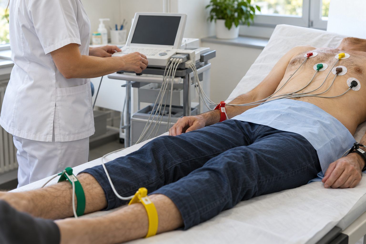 Zdravstveni delavec v ambulanti snema EKG bolniku, ki leži na preiskovalni mizi.